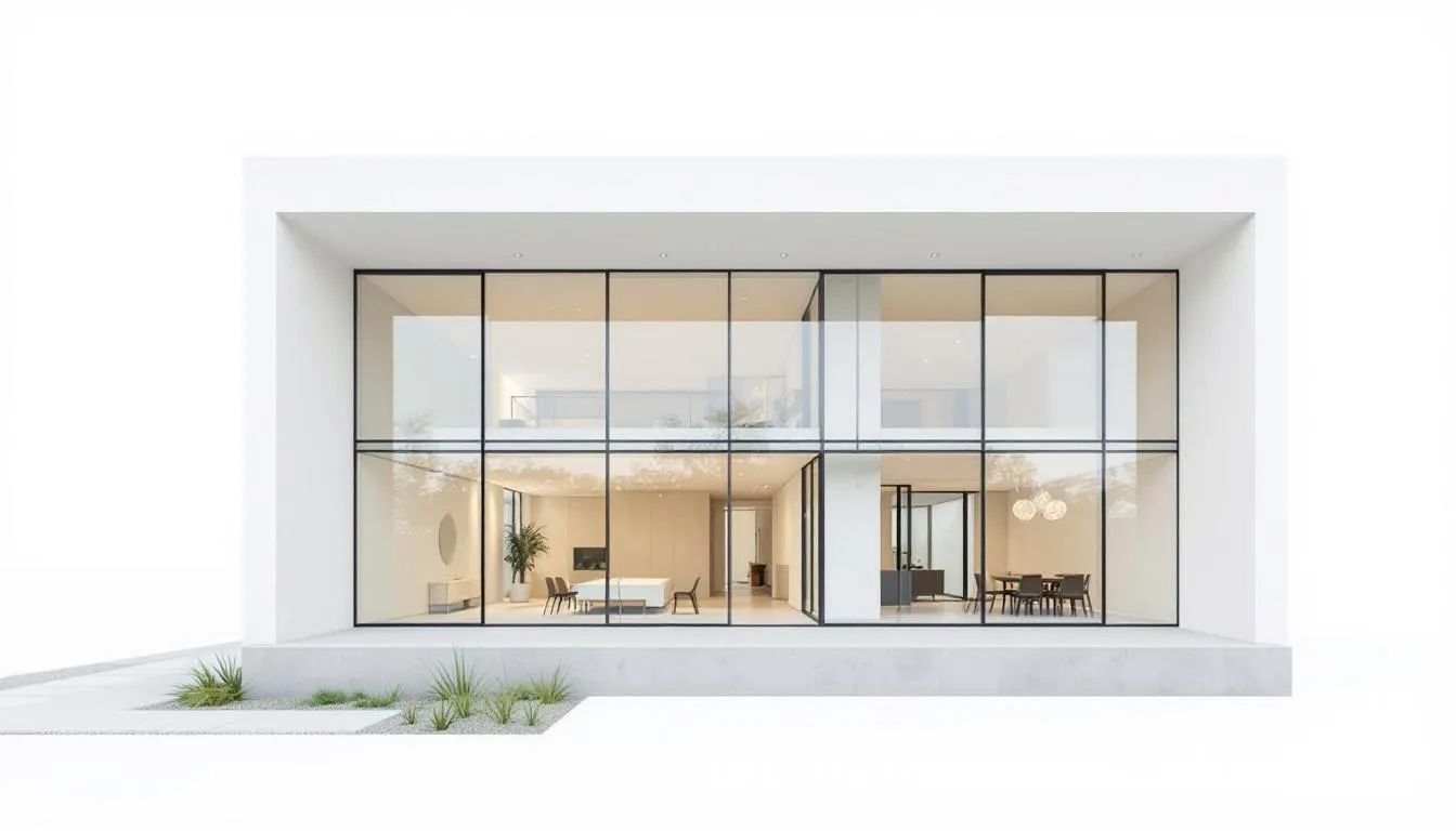 Een moderne woning met grote glazen gevels en strakke lijnen, voorzien van aluminium kozijnen die een eigentijdse uitstraling geven. De grote ramen zorgen voor veel lichtinval en zijn uitgerust met dubbel glas voor optimale thermische isolatie.