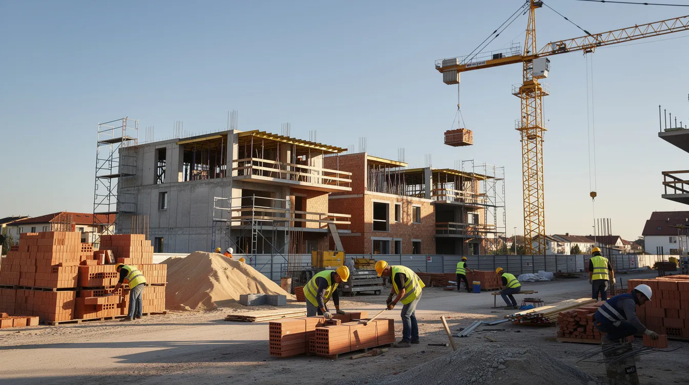 En la imagen se observa un sitio de construcción con varios trabajadores realizando actividades en un proyecto residencial, mientras una grúa se eleva sobre el lugar. Este desarrollo de vivienda representa una inversión inmobiliaria significativa en el mercado de bienes raíces.