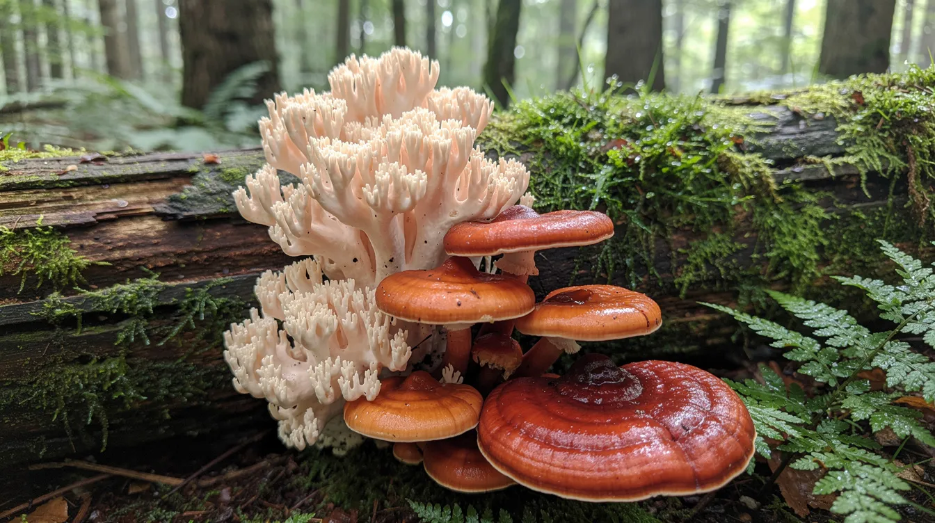 The image depicts various species of fresh mushrooms, including lion's mane and reishi, thriving on a mossy forest log, showcasing their unique textures and colors in a natural setting. This scene highlights the beauty of functional mushrooms, which are often used in dietary supplements and mushroom edibles for their potential health benefits.