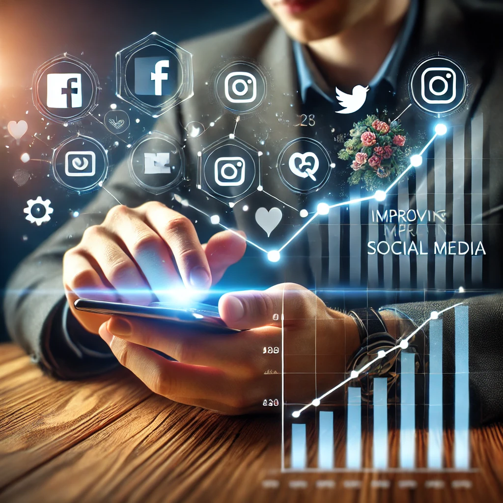 Persona interactuando con contenido en redes sociales en un smartphone, con íconos de redes sociales y gráfico de aumento de engagement. | Posiciona.Digital