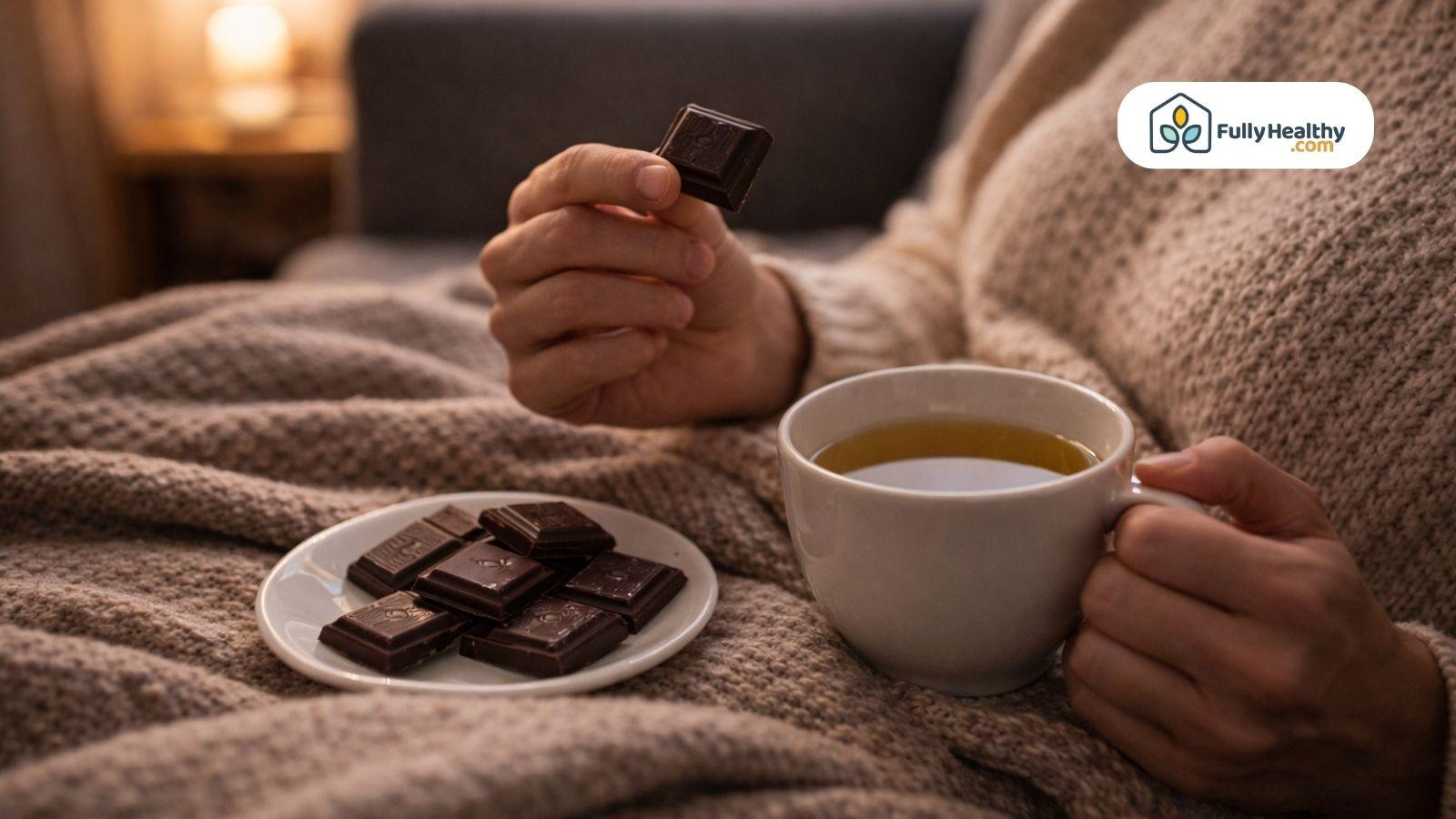 Cozy setting with person holding dark chocolate and tea relaxing indoors