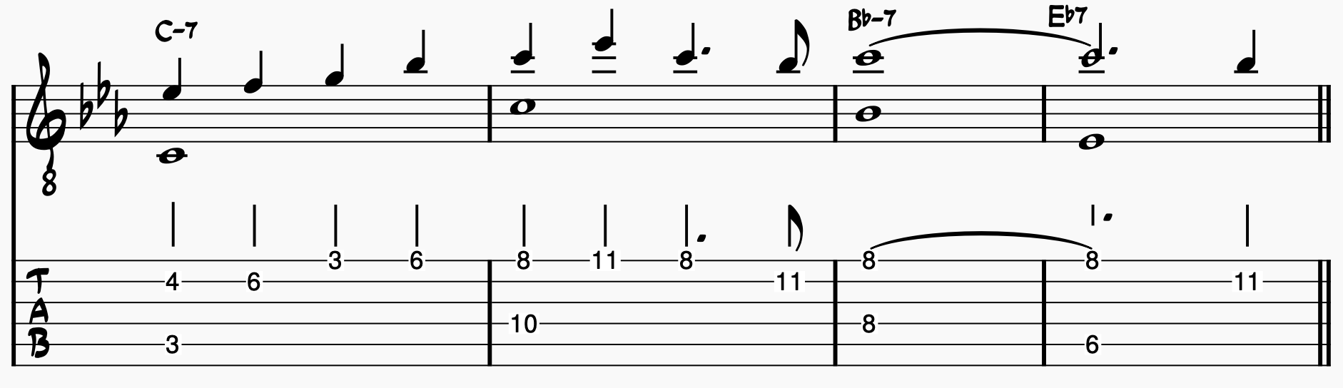 Chord Melody Guitar: There Will Never Be Another You Melody and Bass Notes; bars 5-8