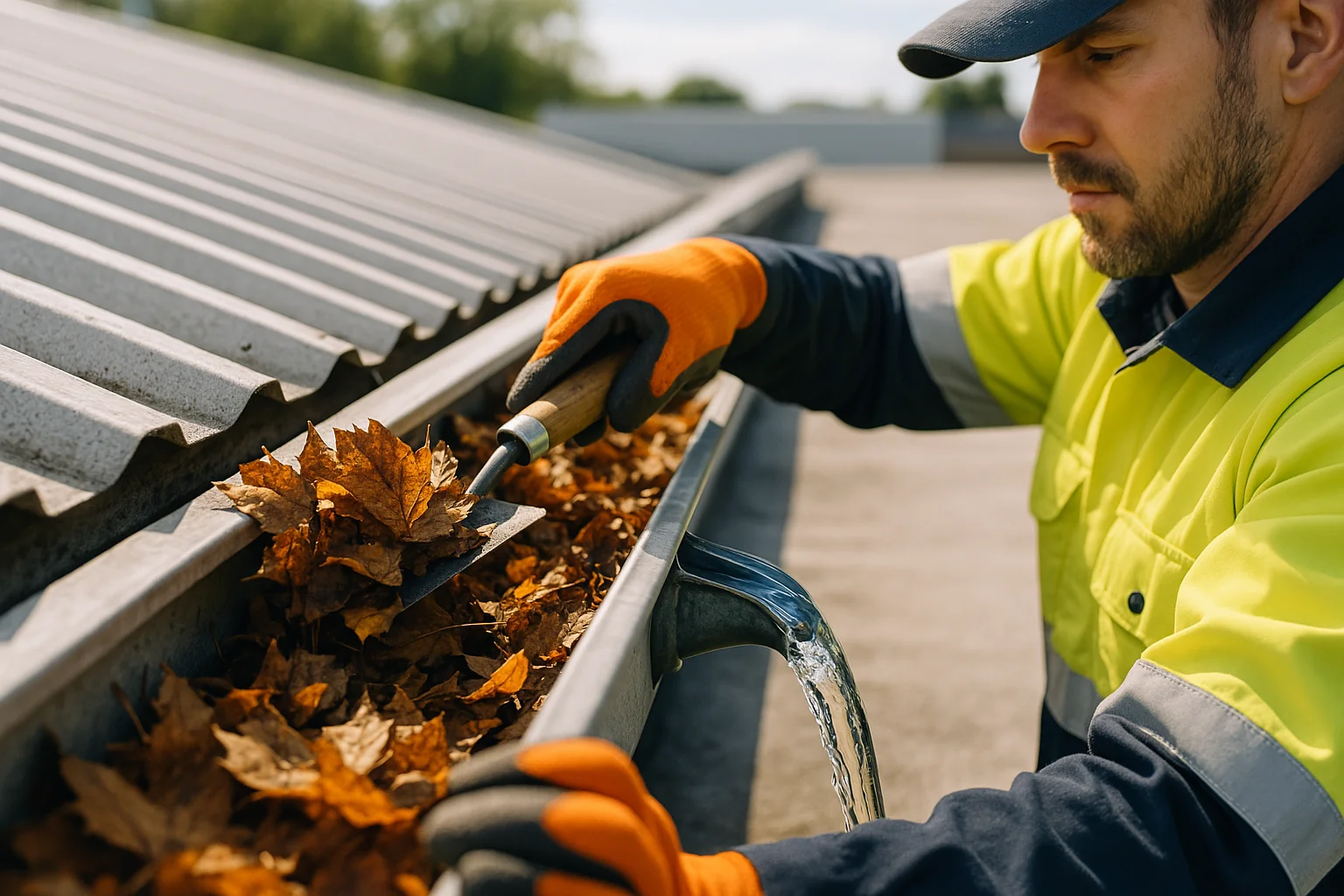 Worker cleaning leaves from a flat roof gutter to maintain proper drainage on a commercial property.