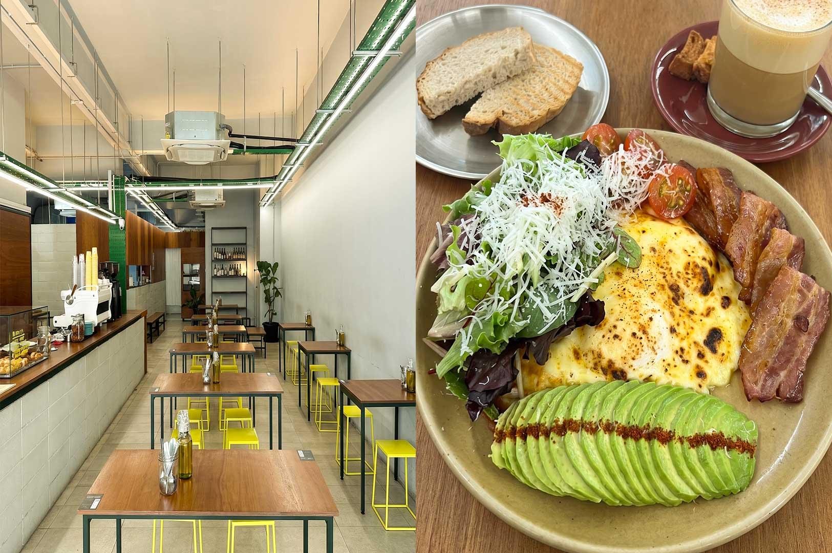 Left: Bright, modern café interior featuring clean white walls, exposed ceiling tracks, a coffee counter, and wooden tables paired with vibrant yellow stools. Right: A hearty brunch platter featuring sliced avocado, crispy bacon strips, melted cheese-topped eggs, cherry tomatoes, and a green salad, served with toasted sourdough and a hot latte.