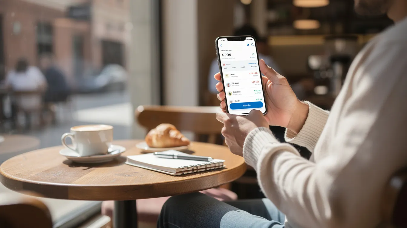 A person is sitting at a cafe table, holding a smartphone with a banking app open, showcasing digital banking services. The scene highlights the convenience of managing bank accounts and making everyday transactions, reflecting the modern approach to banking in Nigeria.
