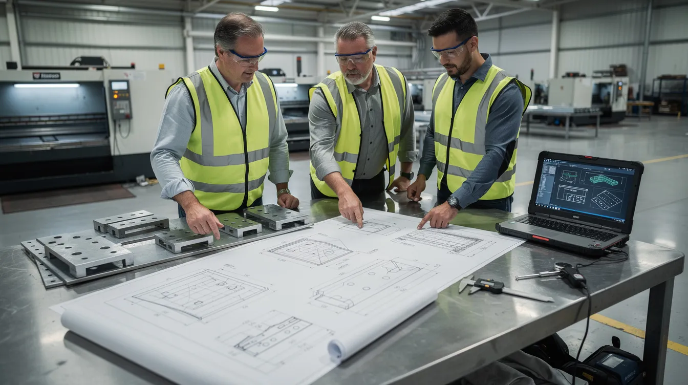 A group of engineers is gathered around a large workbench, intently reviewing technical drawings of various sheet metal parts, which are essential for the sheet metal fabrication process. The workspace is filled with metal sheets and tools, highlighting the complexity of designing and manufacturing components with precision and efficiency.