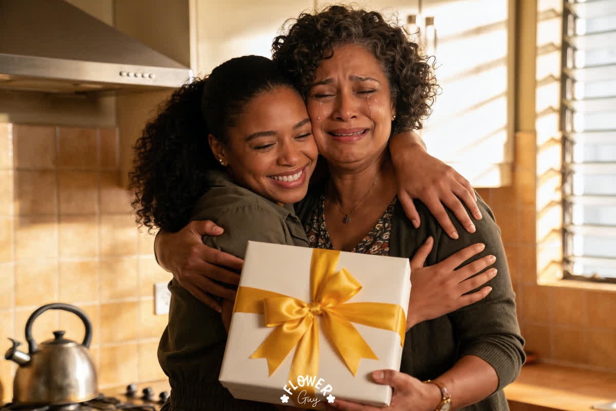 Coloured South African daughter hugging her emotional mother in a warm kitchen while giving her a white gift box tied with a gold satin ribbon for Mother's Day