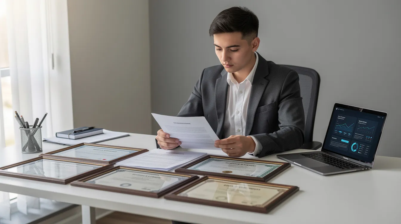 A young professional is seated at a desk, intently reviewing documents and certificates while using a laptop. The setting suggests a focus on career advancement, possibly related to vocational training or job applications in Germany, reflecting the journey of international professionals seeking to enhance their language skills and work opportunities.