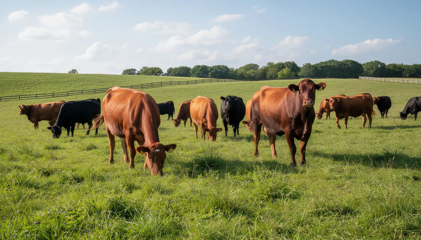 The image depicts grass-fed cattle peacefully grazing on a lush open pasture, showcasing the natural environment where these animals thrive. This scene highlights the importance of grass-fed beef tallow, which is known for its nutrient-rich fat and skin benefits, making it a popular choice in skincare products for those with various skin types.