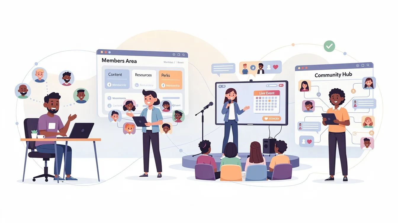 The illustration depicts four distinct creator types: a coach, a membership owner, an event host, and a community leader, each actively engaging with their respective online communities. They utilize various community features of a platform like Mighty Networks to foster community building and enhance member interaction.