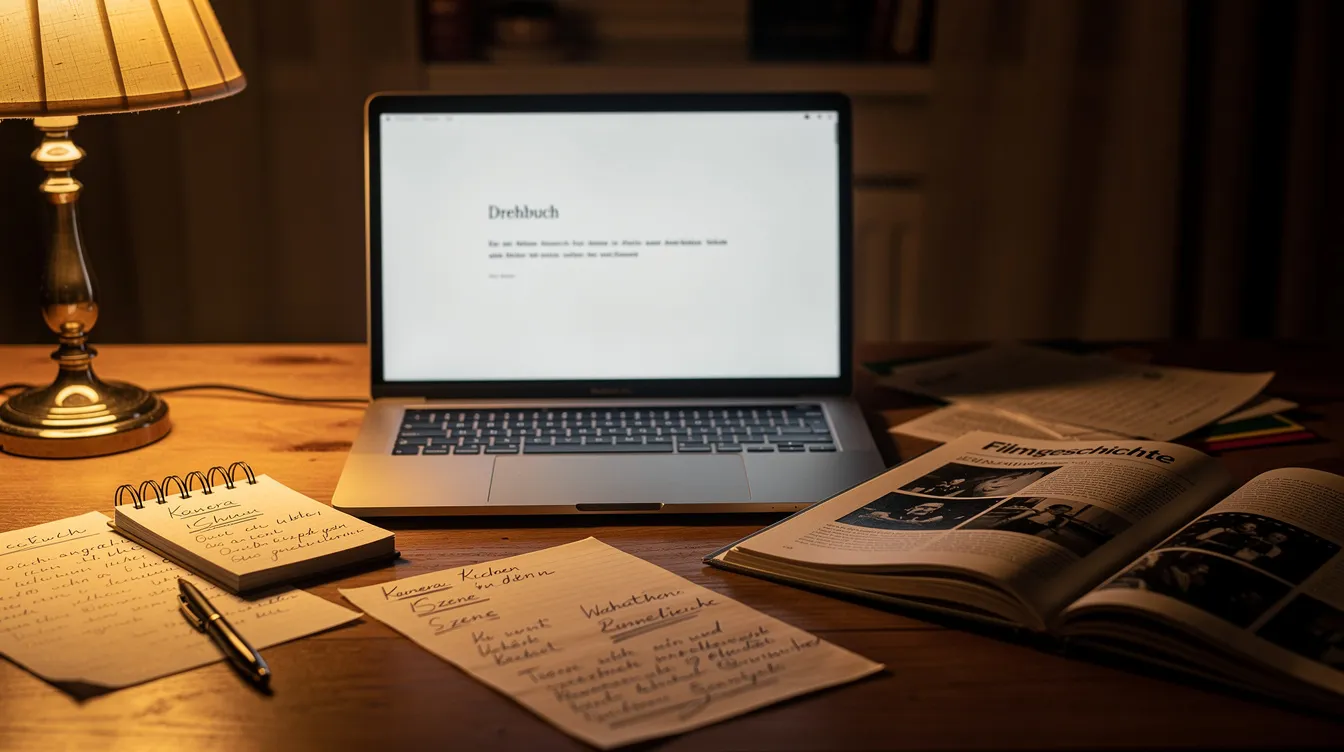 Auf dem Schreibtisch liegt ein aufgeklappter Laptop, neben dem ein geöffnetes Filmbuch über Ridley Scotts "Blade Runner" und einige Notizen verstreut sind, während warmes Licht von einer Schreibtischlampe den Raum beleuchtet. Die Szene vermittelt eine kreative Atmosphäre, die an die Analyse von Science-Fiction-Filmen erinnert.