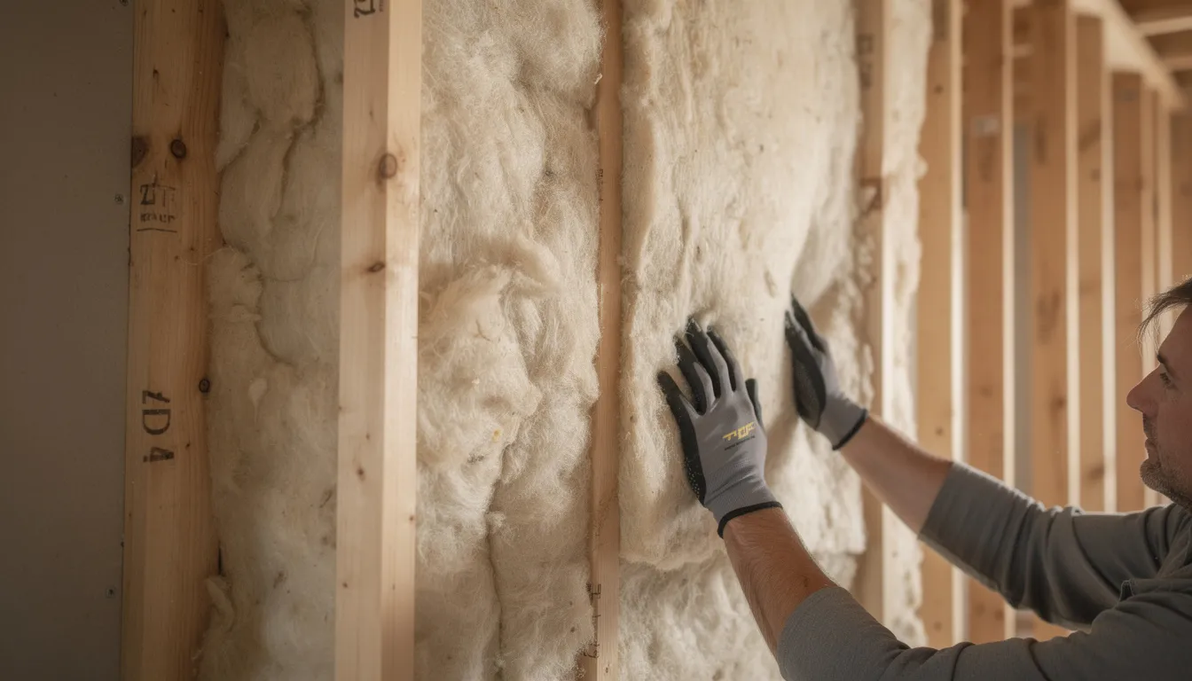 The image shows natural wool insulation batts being carefully installed between wooden wall studs, highlighting the use of sustainable materials in sauna construction. This eco-friendly insulation helps improve energy efficiency and reduce heat loss, contributing to a healthier indoor environment.