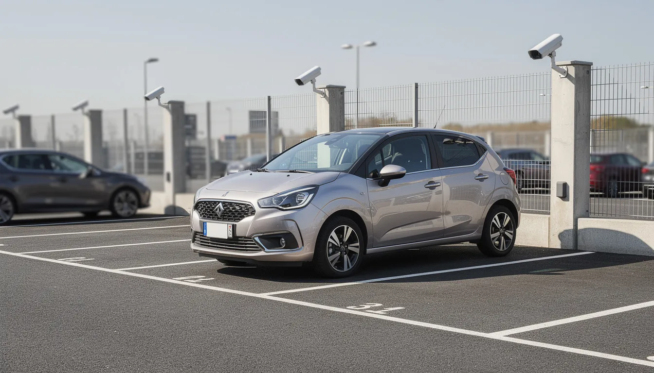 Une voiture compacte est garée dans un parking sécurisé, entourée de caméras de surveillance pour assurer la sécurité du véhicule. Cette image évoque l'importance de l'assurance location de voiture et de la protection contre le vol, offrant ainsi une tranquillité d'esprit aux locataires.