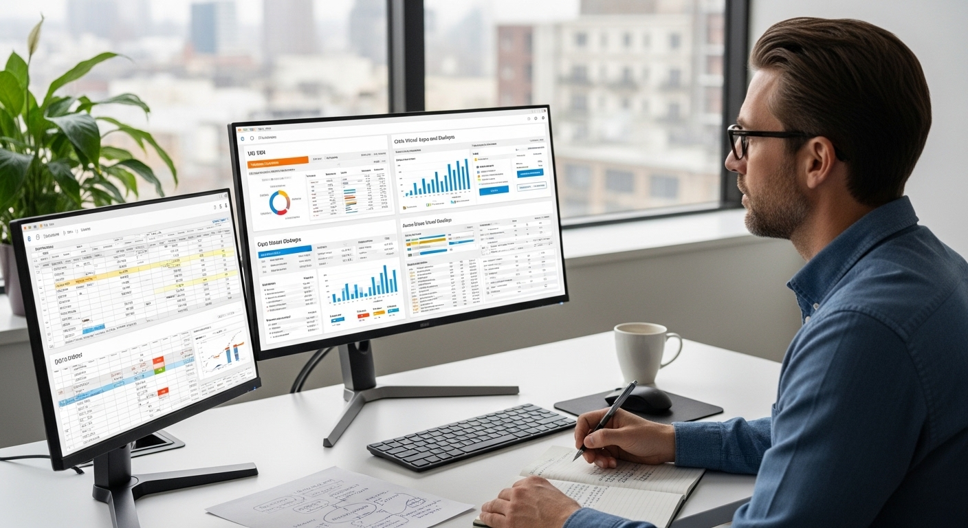 IT administrator comparing multiple virtual desktop platforms on a dashboard, evaluating features and scalability.
