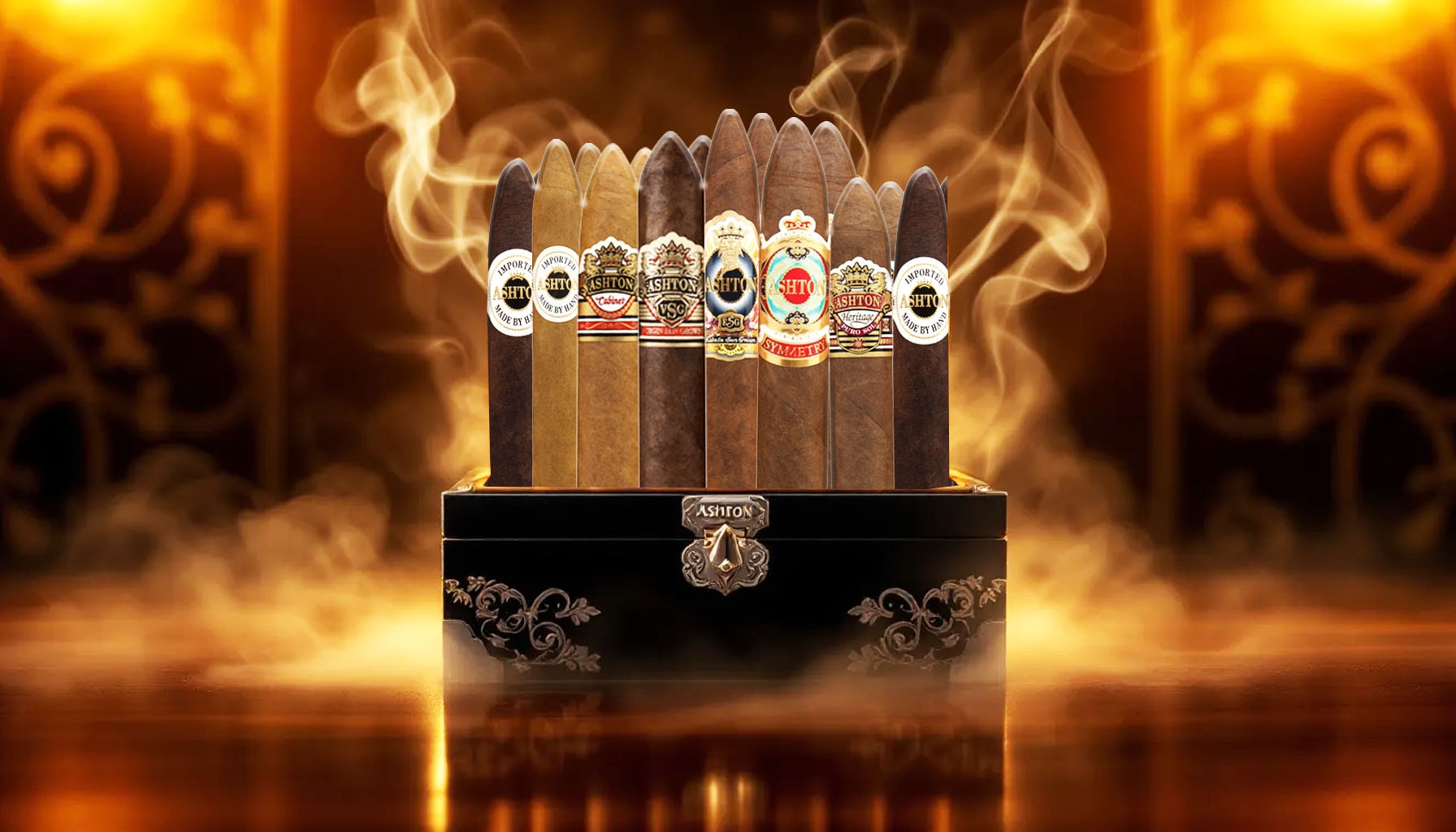 A collection of premium Ashton cigars displayed elegantly.