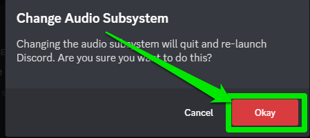 Discord's confirmation message for changing to Legacy audio subsystem in your Discord settings