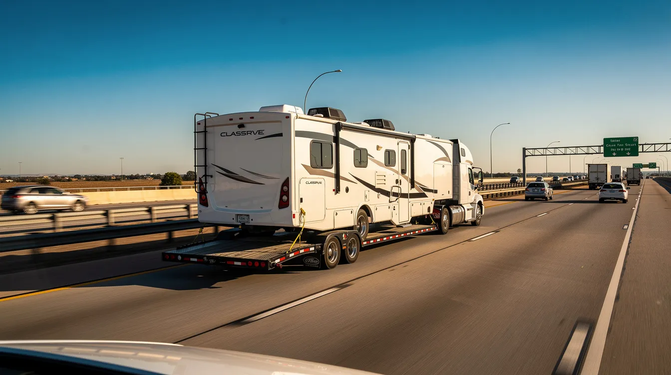 A large motorhome is securely positioned on a flatbed trailer as it travels along an interstate highway, showcasing the efficient services of RV transport companies that ensure safe delivery across the country. The flatbed is equipped for transporting RVs, providing a reliable option for those needing to move their recreational vehicles.
