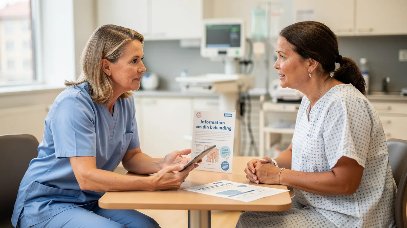 En vårdpersonal står tillsammans med en patient och ger stöd samt information om mammografiundersökningen, som är viktig för att upptäcka bröstcancer hos kvinnor mellan 40 och 74 år. De diskuterar även symtom och frågor kring undersökningen för att säkerställa att patienten känner sig trygg och informerad.