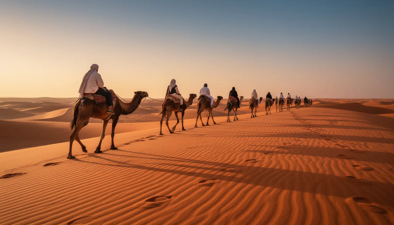 A camel caravan gracefully traverses the vibrant orange sand dunes of the Sahara Desert, casting dramatic shadows as the golden hour sun sets in the background. This breathtaking scenery offers a glimpse into the rich culture and natural beauty of Morocco, making it a memorable experience for travelers exploring the desert on a Marrakech tour company adventure.