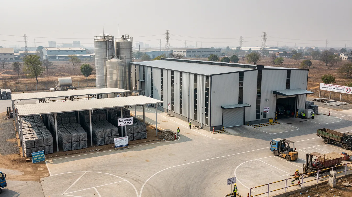 5ea361ac 1866 4396 92c7 f69c61b61ae3 The image depicts a newly constructed industrial processing plant building in an Indian industrial zone, featuring a spacious raw material storage area. This dal mill plant is designed for efficient operations in the food processing industry, focusing on pulses like urad dal and chana dal, ensuring high quality production with innovative technology.