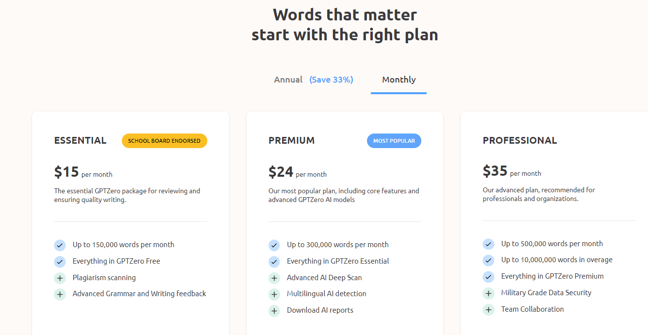 GPTzero pricing plan