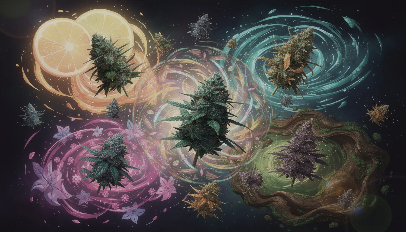 Verschiedene Cannabissorten mit unterschiedlichen Terpenprofilen und deren einzigartigen Duft.