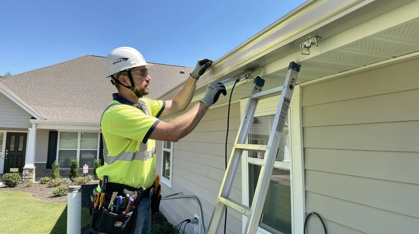 A professional gutter installer is on a ladder, carefully attaching seamless aluminum gutters to the fascia of a house, ensuring a perfect fit for efficient gutter installation. This proactive approach helps prevent ice dams and water damage during Colorado's winter weather.