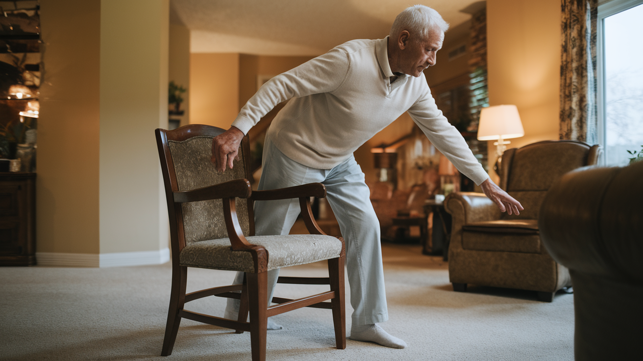 An older man practising balance exercises at home.