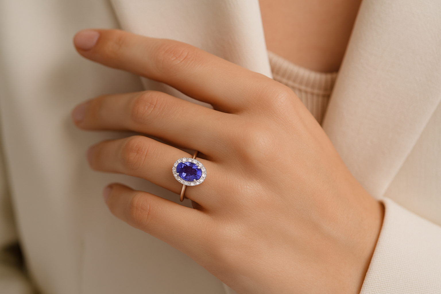 Ant stilingos merginos rankos spindi baltas auksinis sužadėtuvių žiedas su ovalo formos tanzanitu halo dizaino, deimantai aplinkui
