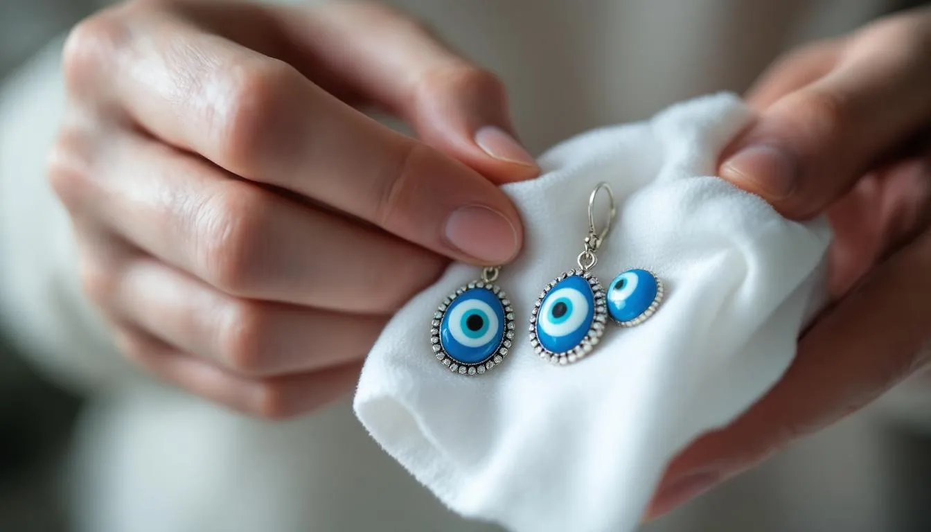 A close-up view of hands gently cleaning a pair of evil eye stud earrings, showcasing their intricate design and vibrant colors. The earrings, made from yellow gold and adorned with turquoise stones, are being polished with a soft cloth, highlighting their beauty and craftsmanship.