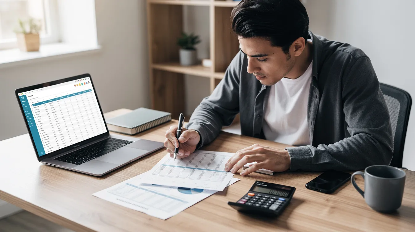 A small business owner is seated at a desk, reviewing financial documents alongside a laptop and calculator, indicating their focus on managing cash flow and assessing their eligibility for financial assistance through mudra loans. The scene highlights the importance of maintaining a satisfactory credit track record for accessing funding from banks or financial institutions.