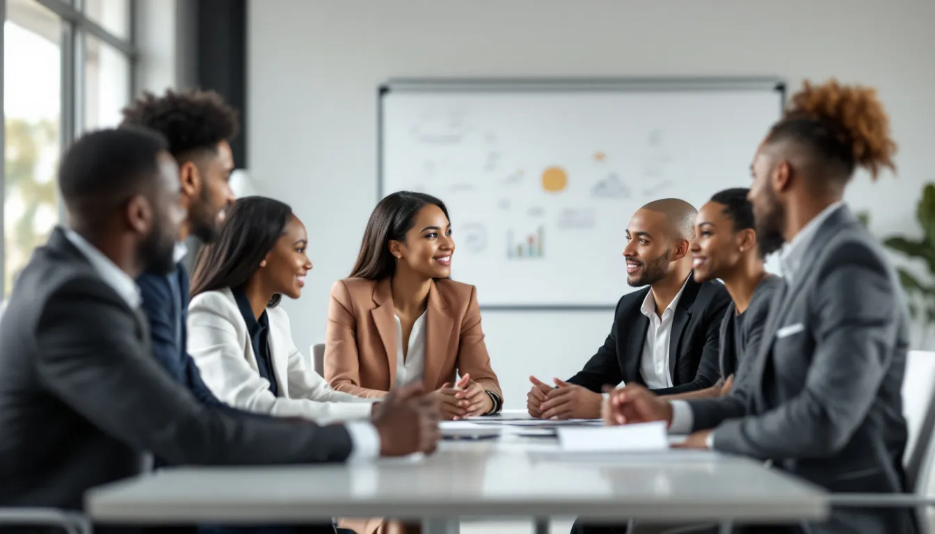 Een diverse groep zakenmensen zit aan een vergadertafel en bespreekt belangrijke onderwerpen met betrekking tot hun bedrijf. De leden van de groep lijken actief deel te nemen aan de discussie over de structuur en de voordelen van een limited liability company (LLC).