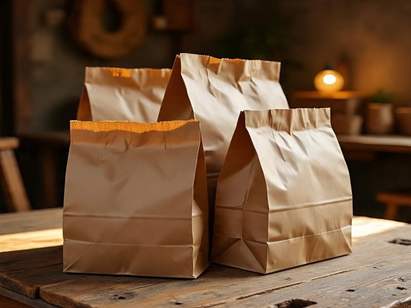 An image showing three brown paper bags without handles, standing on a wooden table in a room.