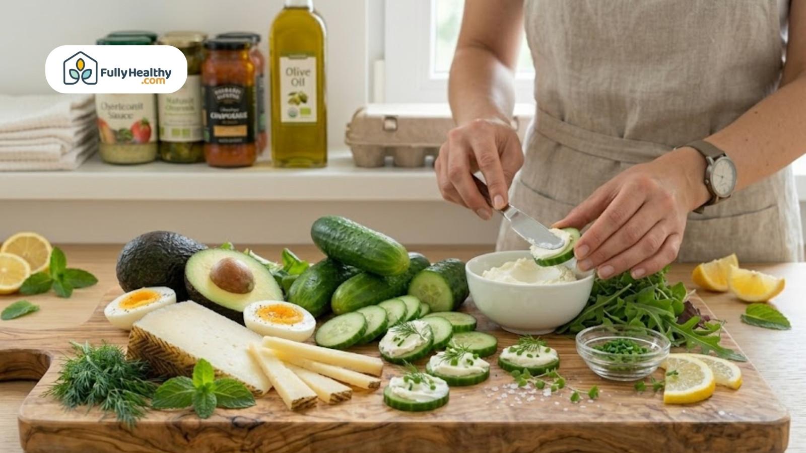 Spreading cream cheese onto fresh cucumber slices on board