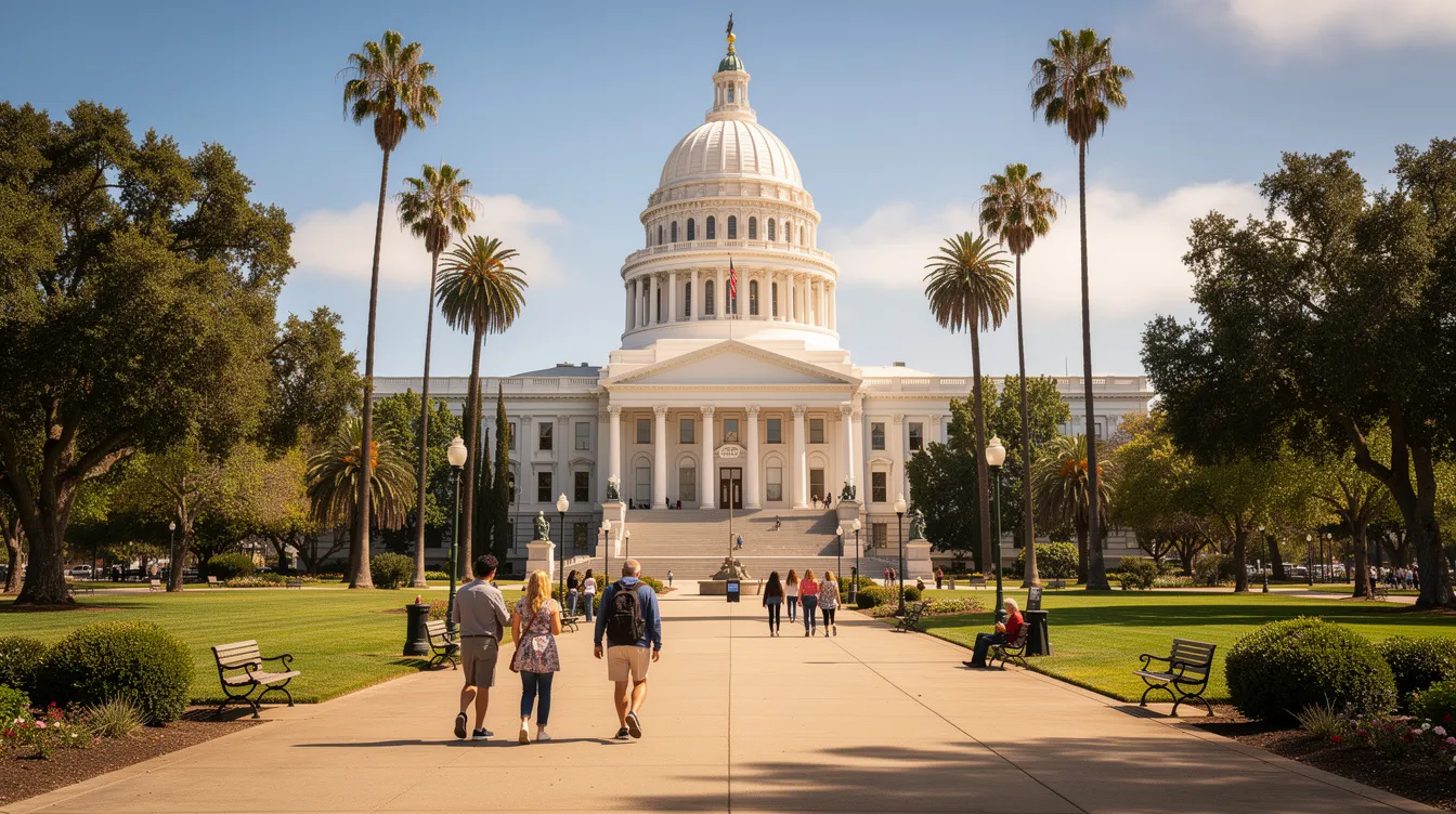 The image depicts the California State Capitol building in Sacramento, basking in sunlight as people stroll across the grounds. This iconic structure is central to California politics and symbolizes the state's commitment to governmental ethics and transparency in the political system.