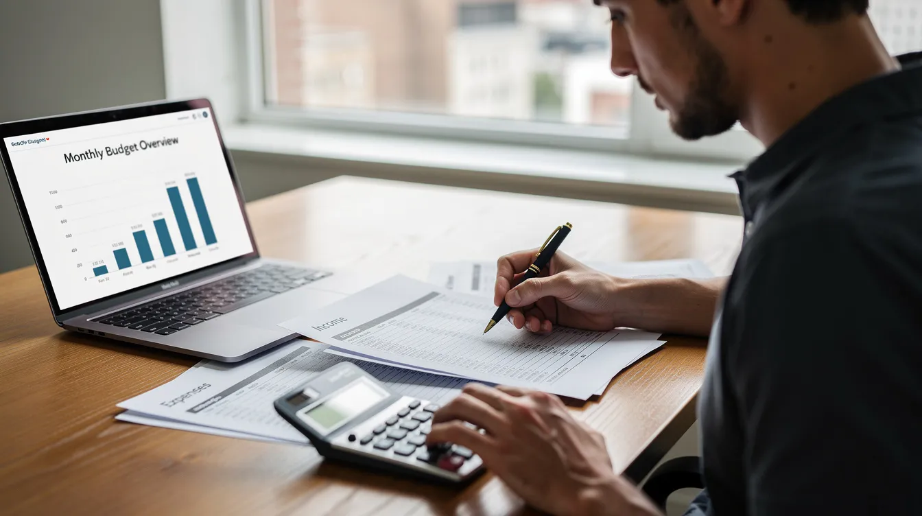 A person is seated at a desk, focused on reviewing a budget with a calculator and various financial documents in front of them. This scene reflects the diligent work of 公務員 in the 香港 特別 行政區, particularly in the 公務員 事務局 as they prepare for the fiscal responsibilities of 2026.
