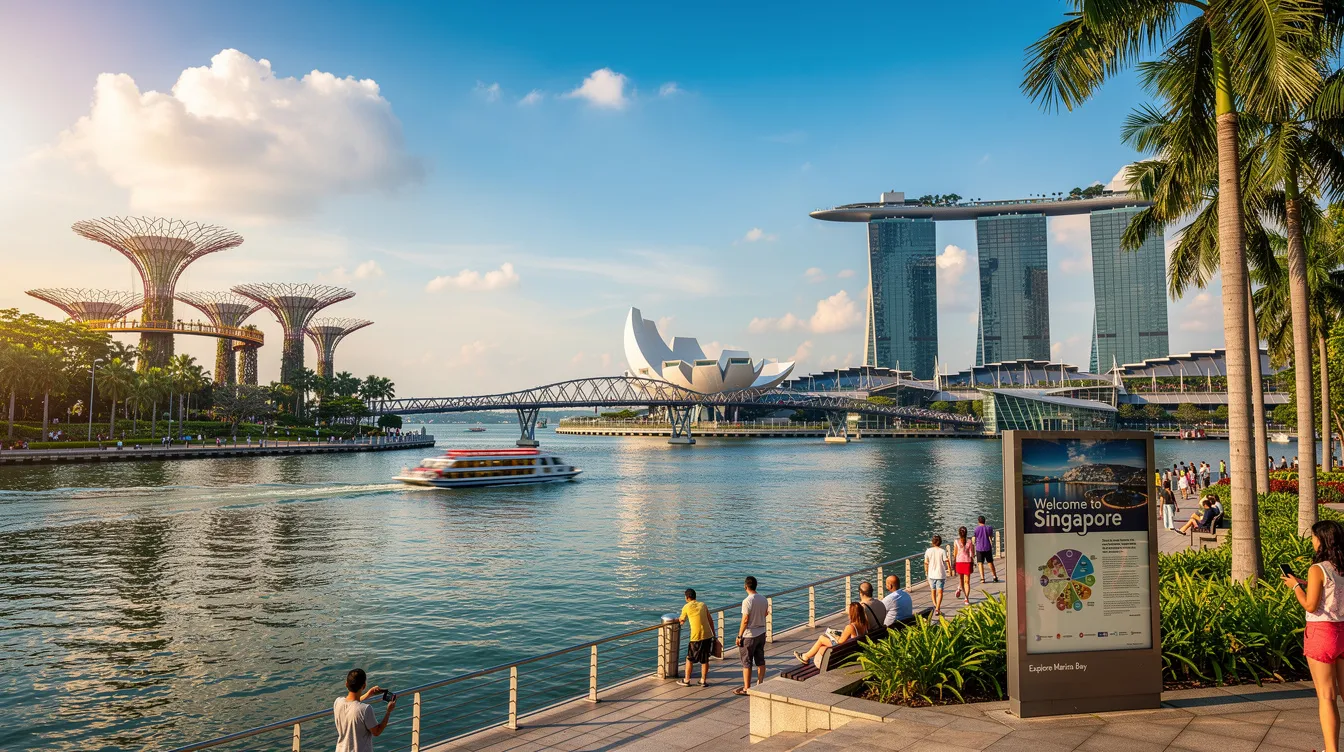 A imagem retrata uma vibrante cena turística em Singapura, com pessoas explorando os famosos pontos turísticos da cidade, como o Marina Bay Sands e os Jardins da Baía. O clima é animado, refletindo a diversidade cultural e as opções de hospedagem disponíveis para visitantes de todo o mundo, incluindo ofertas de hotéis e serviços de qualidade.