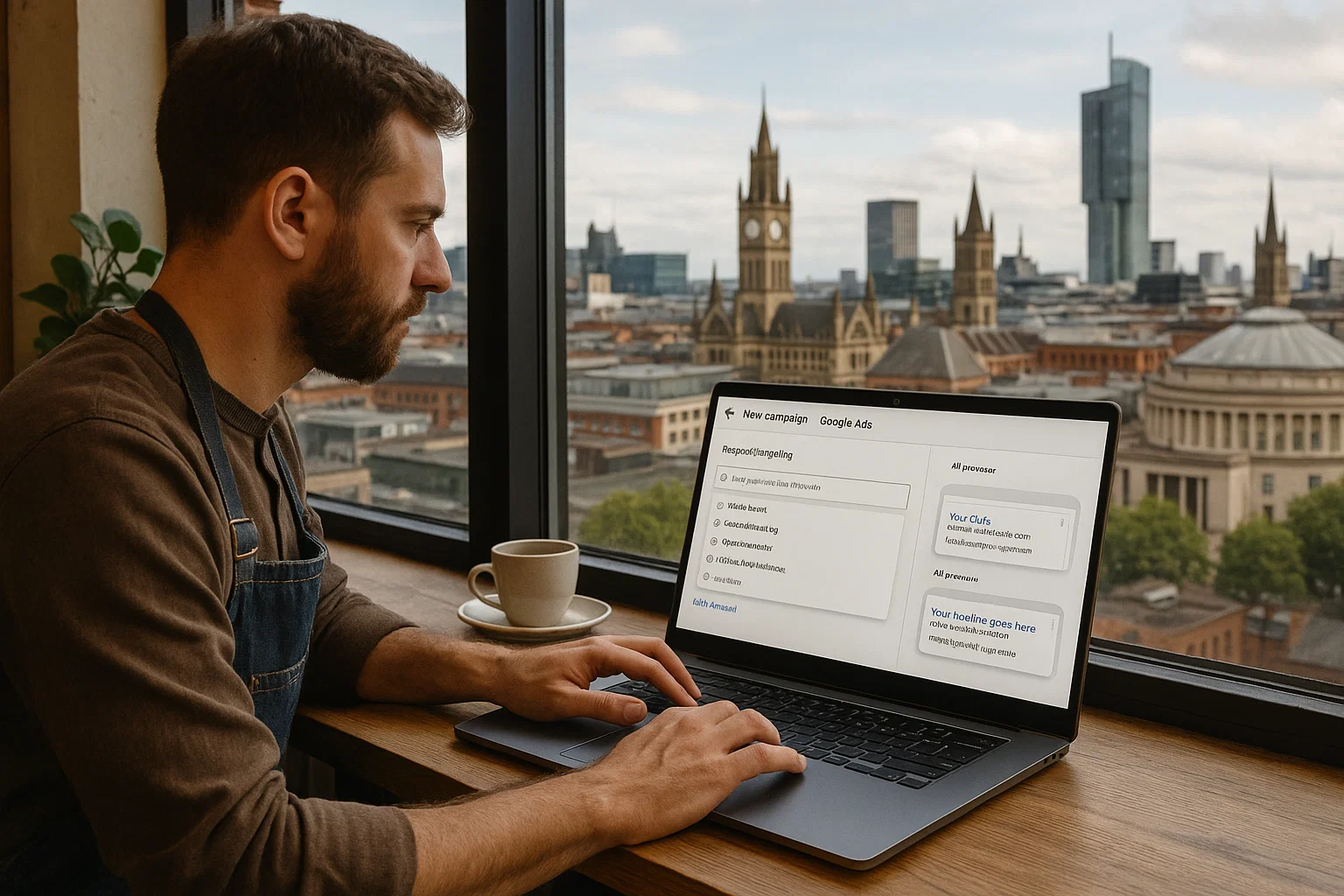 Man looking at his Google ads campaign with the Manchester skyline in the background