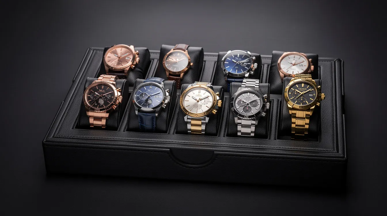 A luxurious display of fine jewelry, featuring an assortment of luxury watches crafted from precious metals, including gold and sterling silver, arranged elegantly on a presentation tray. The collection showcases the quality and market value of these exquisite timepieces, appealing to discerning customers and gold buyers alike.