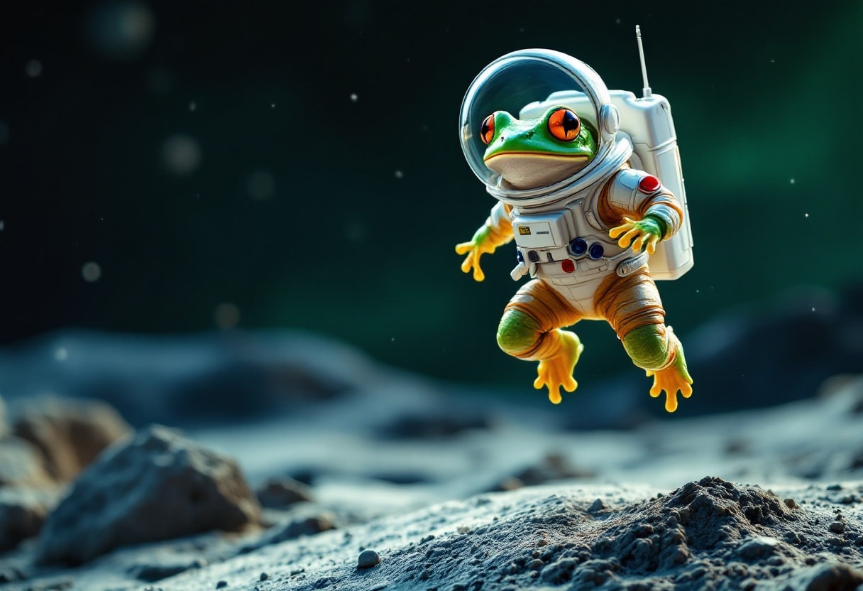 A frog in a space suit jumping on the moon.