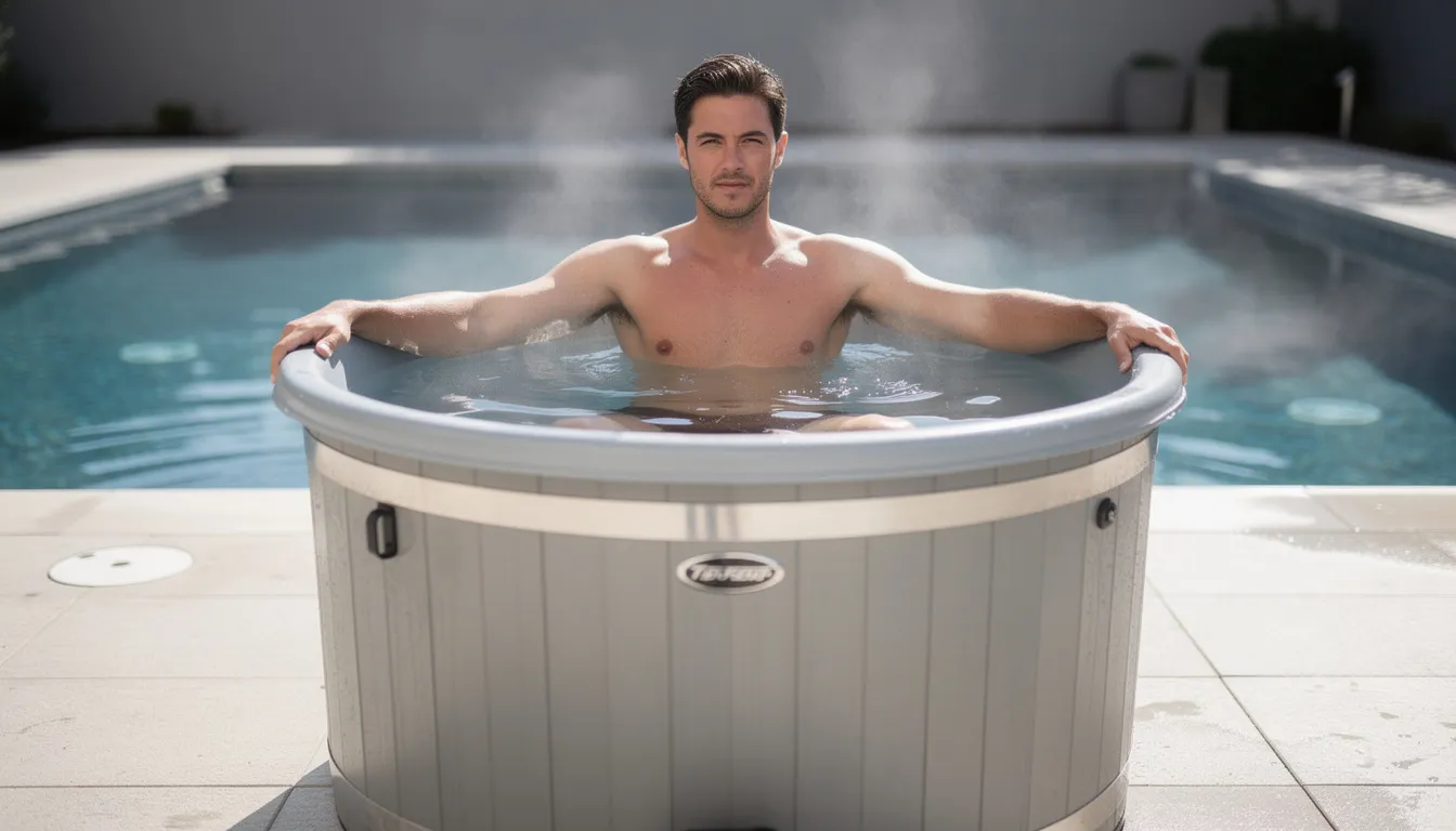 A single person is sitting in a cold plunge tub, demonstrating the proper immersion level for full body exposure to icy water, ensuring that the water temperature is appropriate for cold therapy benefits. The individual is comfortably positioned, showcasing the ideal fit for a one-person unit designed for effective cold water exposure.