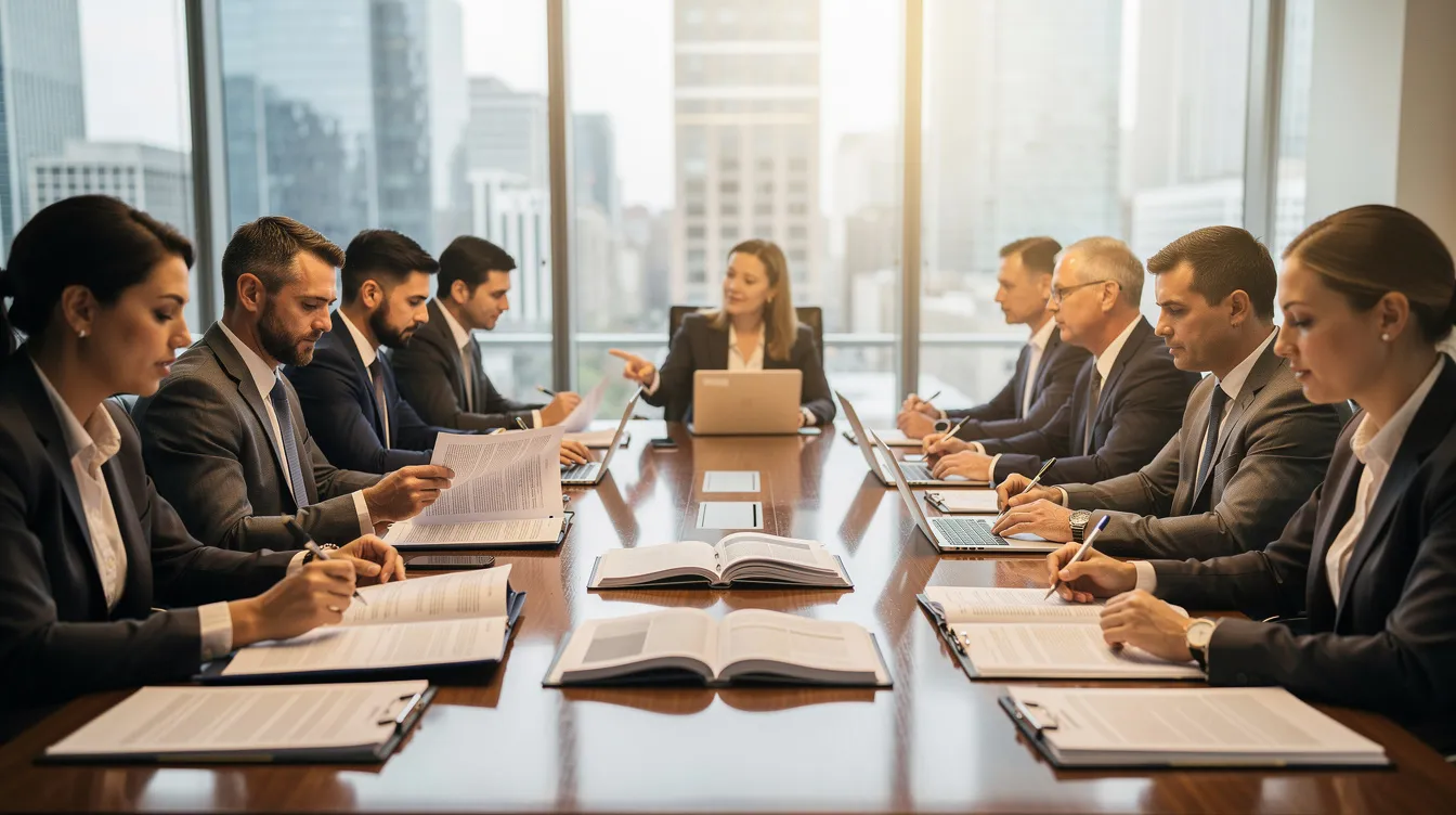 The image depicts a group of personal injury attorneys engaged in a serious discussion while reviewing documents in a conference room, likely focusing on cases involving automobile accident victims and their medical expenses. This setting emphasizes the collaboration among legal professionals as they strategize to protect the rights of clients affected by vehicle crashes.