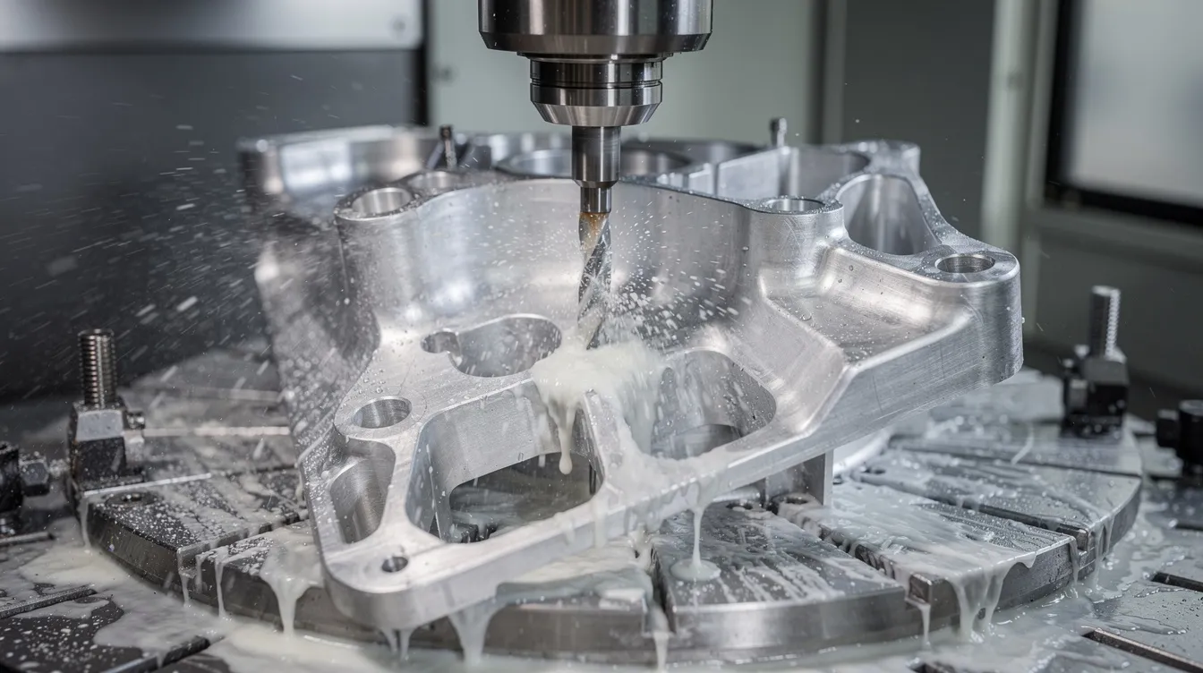 A close-up view of a 5-axis CNC machining center is shown as it precisely cuts a complex aluminum aerospace component, with a coolant spray ensuring efficient operation. The image highlights the intricate details of the machining process, showcasing the high-quality standards and precision associated with CNC machines in the aerospace industry.
