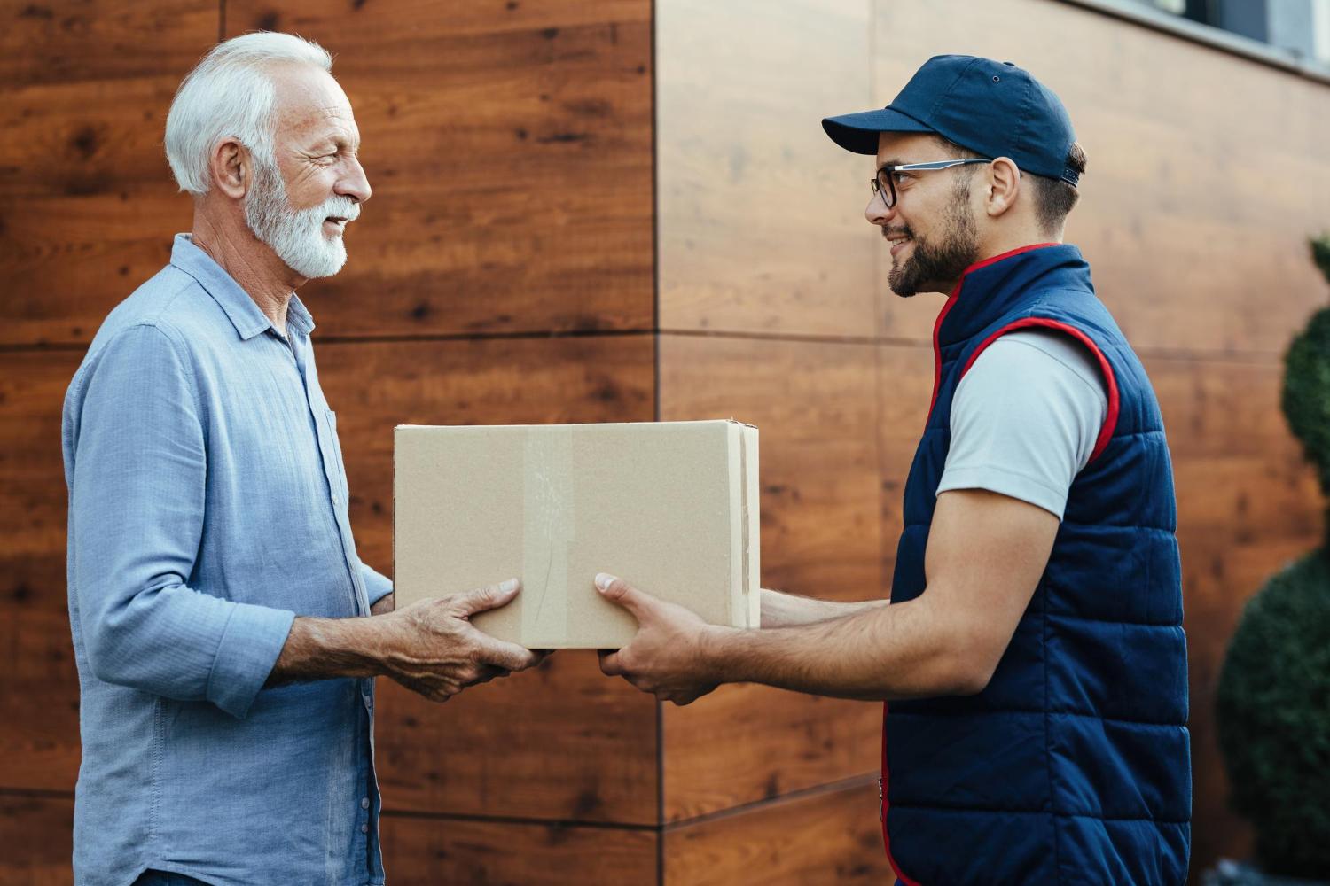 Supplier handing a package to a delivery worker outside a warehouse