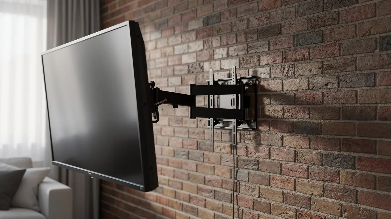 The image features a full-motion TV mount securely extended from a sturdy brick wall, showcasing its swivel and tilt capabilities, making it easy to adjust the viewing angle. The mount is designed to support a sleek TV while providing a clean and organized space for cables and accessories.