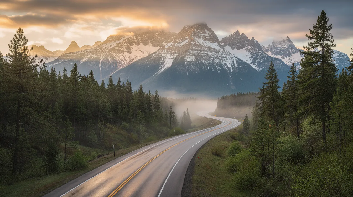 The image depicts a picturesque Oregon mountain landscape, featuring a winding highway that cuts through lush evergreen forests, showcasing the natural beauty of the region. This serene setting highlights the outdoor lifestyle that many enjoy, while also serving as a reminder of the importance of understanding local gun laws, such as the Oregon concealed handgun license regulations for responsible firearm ownership.