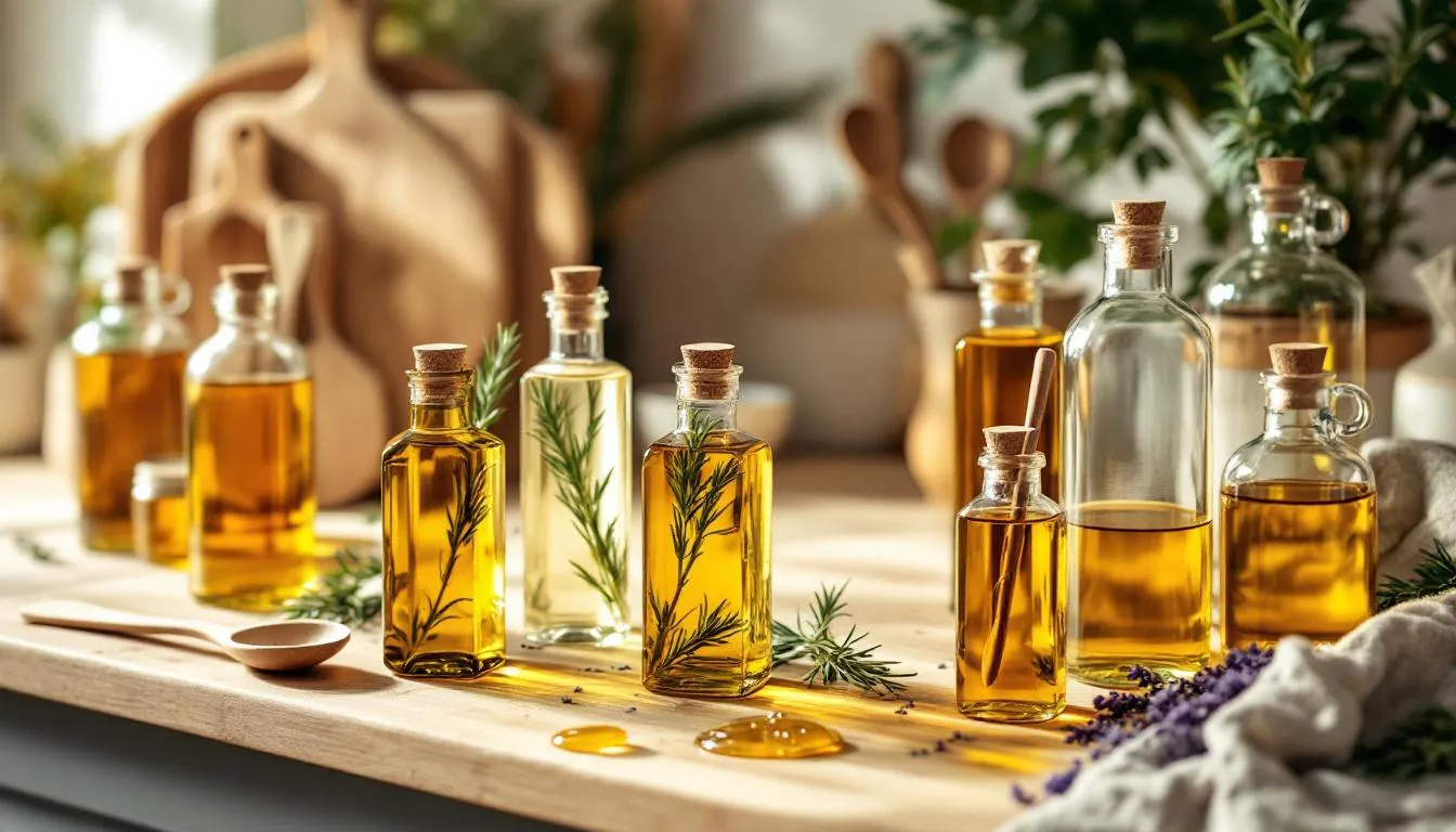 Ingredients for DIY body oil blends on a kitchen counter.