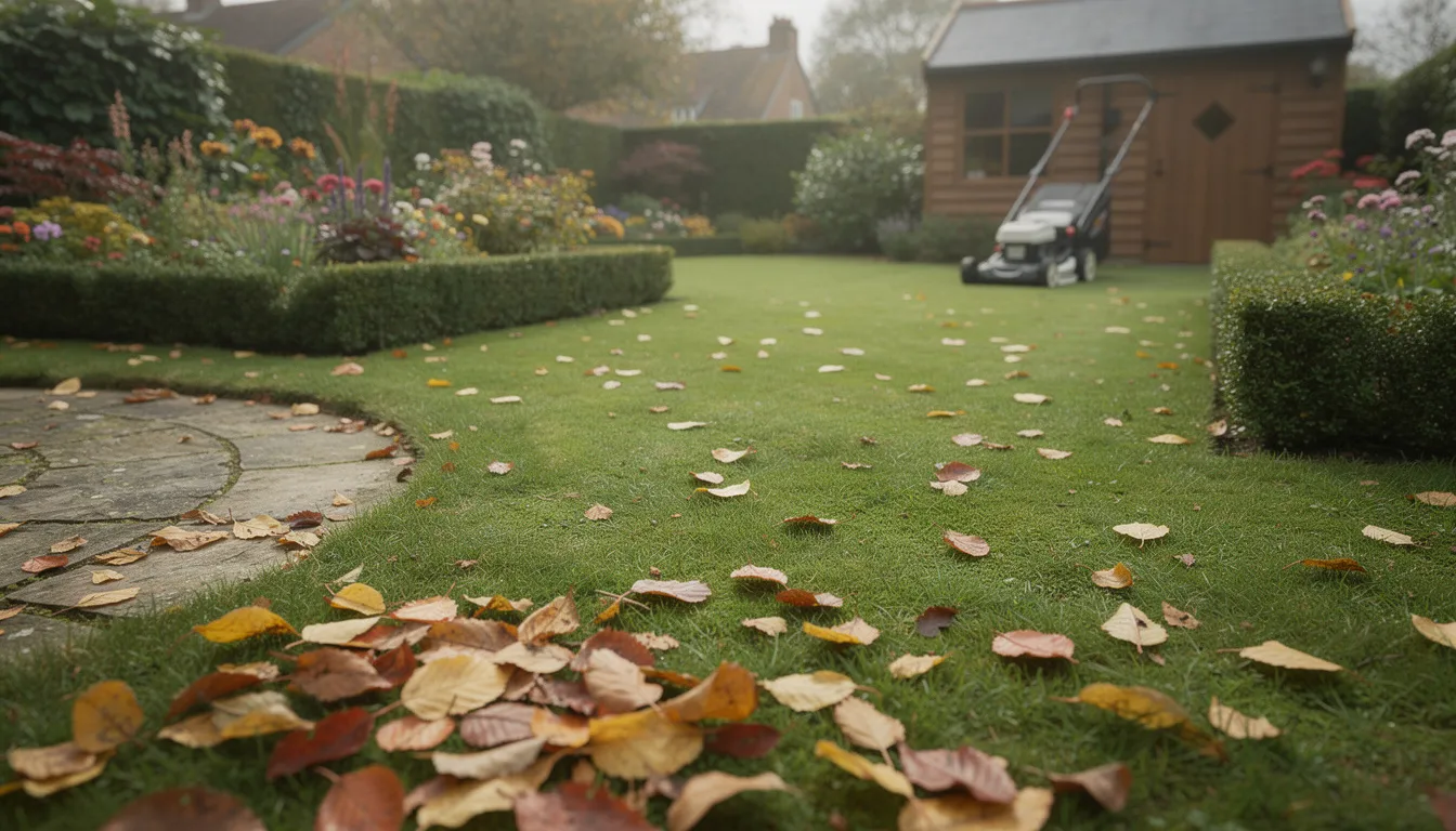 The image depicts a British garden lawn in autumn, adorned with fallen leaves scattered across the grass, while a lawn mower is positioned in the background, hinting at the ongoing lawn care routine. The scene captures the essence of outdoor space maintenance during the cooler hours of the day.