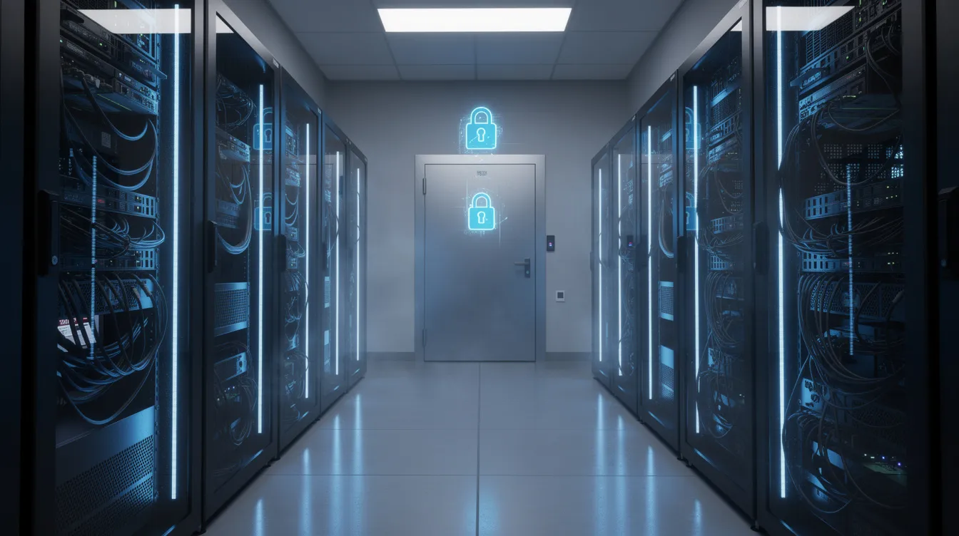 Das Bild zeigt einen Serverraum mit blau leuchtenden Racks, die moderne IT-Systeme beherbergen. Über der Tür schwebt ein digitales Schloss-Symbol, das die Wichtigkeit von IT-Sicherheit und Datenschutz in der Cyber-Sicherheitsstrategie des Unternehmens betont.
