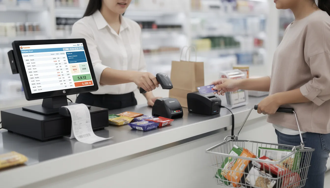 A cashier is using a modern POS cash register system to ring up a customer's purchase, scanning items with a barcode scanner and processing payments, including contactless options, all while managing sales transactions and tracking inventory. The setup showcases the efficiency of a traditional cash register transformed by advanced POS software, highlighting its role in retail for seamless in-person sales.